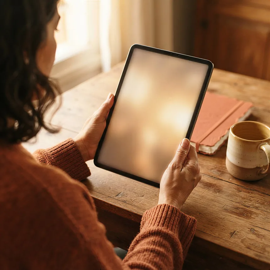 Mulher consultando a Lente Essencial no tablet