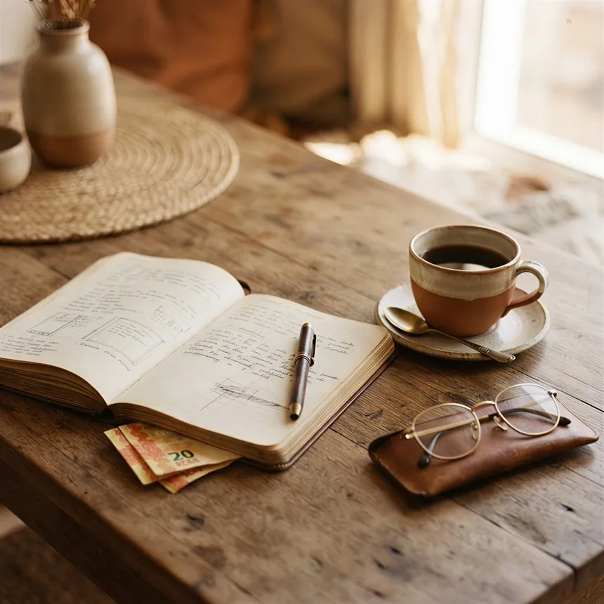 Caderno, café e óculos sobre a mesa em luz de manhã