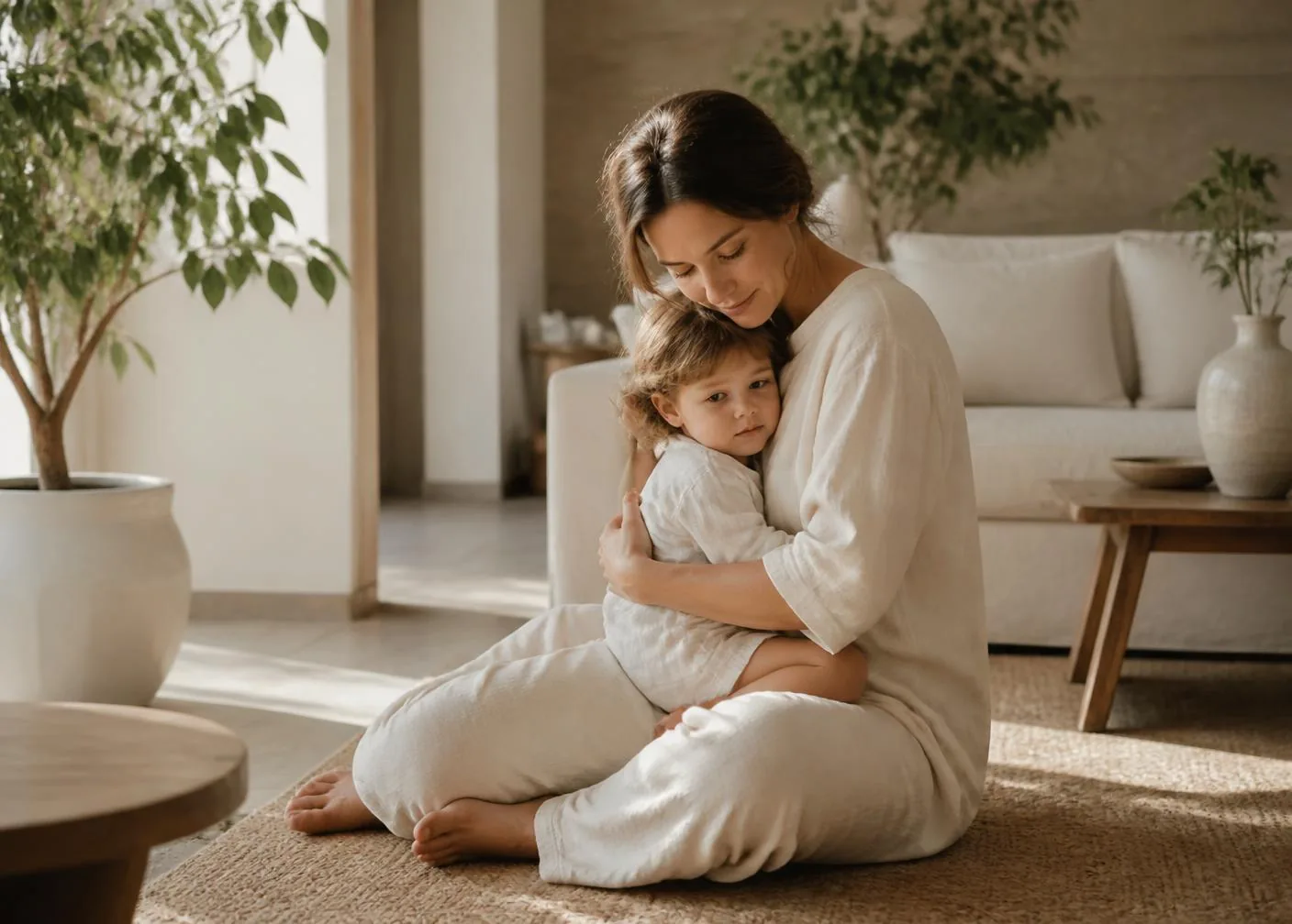 Mãe acolhendo o filho em casa, em luz natural